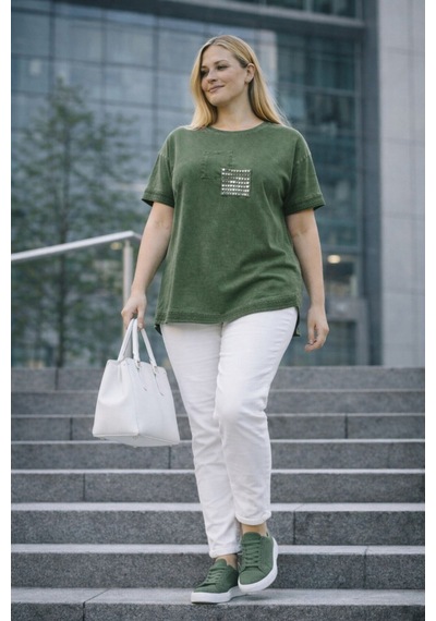 Cedy Denim Cedy - Kadın Özel Tasarım Esnek, Pul Payet, Dantel Detaylı Yıkamalı Büyük Beden Tişört Haki Cedy Denim Cedy - Kadın Özel Tasarım Esnek, Pul Payet, Dantel Detaylı Yıkamalı Büyük Beden Tişört Haki