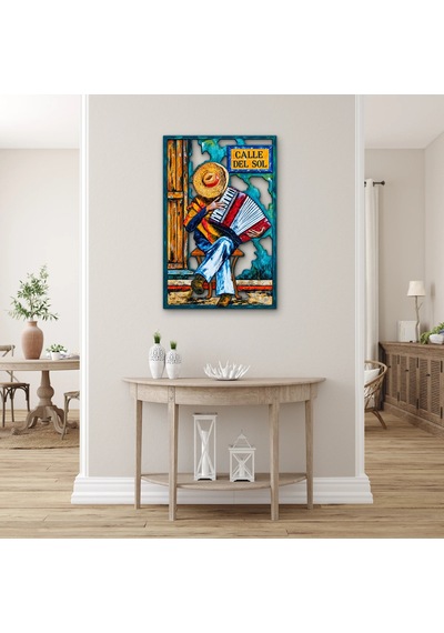Güneş Sokağında Akordeoncu Metal Tablo 52x80 Cm Çok Renkli