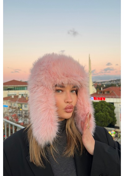 Mollycrush Luxury Kadın Pembe Uzun Tüylü Suni Kürklü Peluş Tüylü Pilot Şapka Pembe