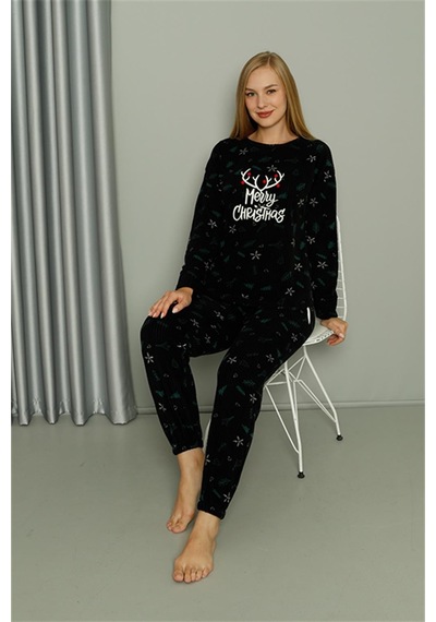 Akbeniz Merry Christmas Welsoft Polar Kadın Pijama Takımı 8514 - L Siyah