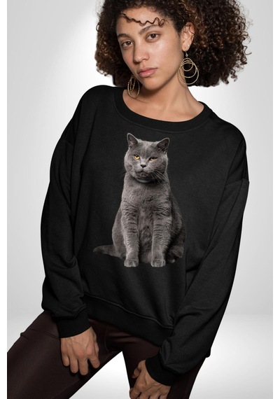 British Shorthair Kedi Unisex Siyah Sweatshirt Siyah