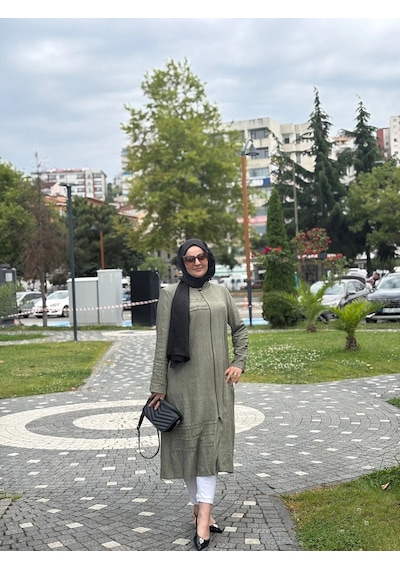 Modern Hakim Yaka Tesettür Kap Çilek Kumaş Rahat Kesim Haki