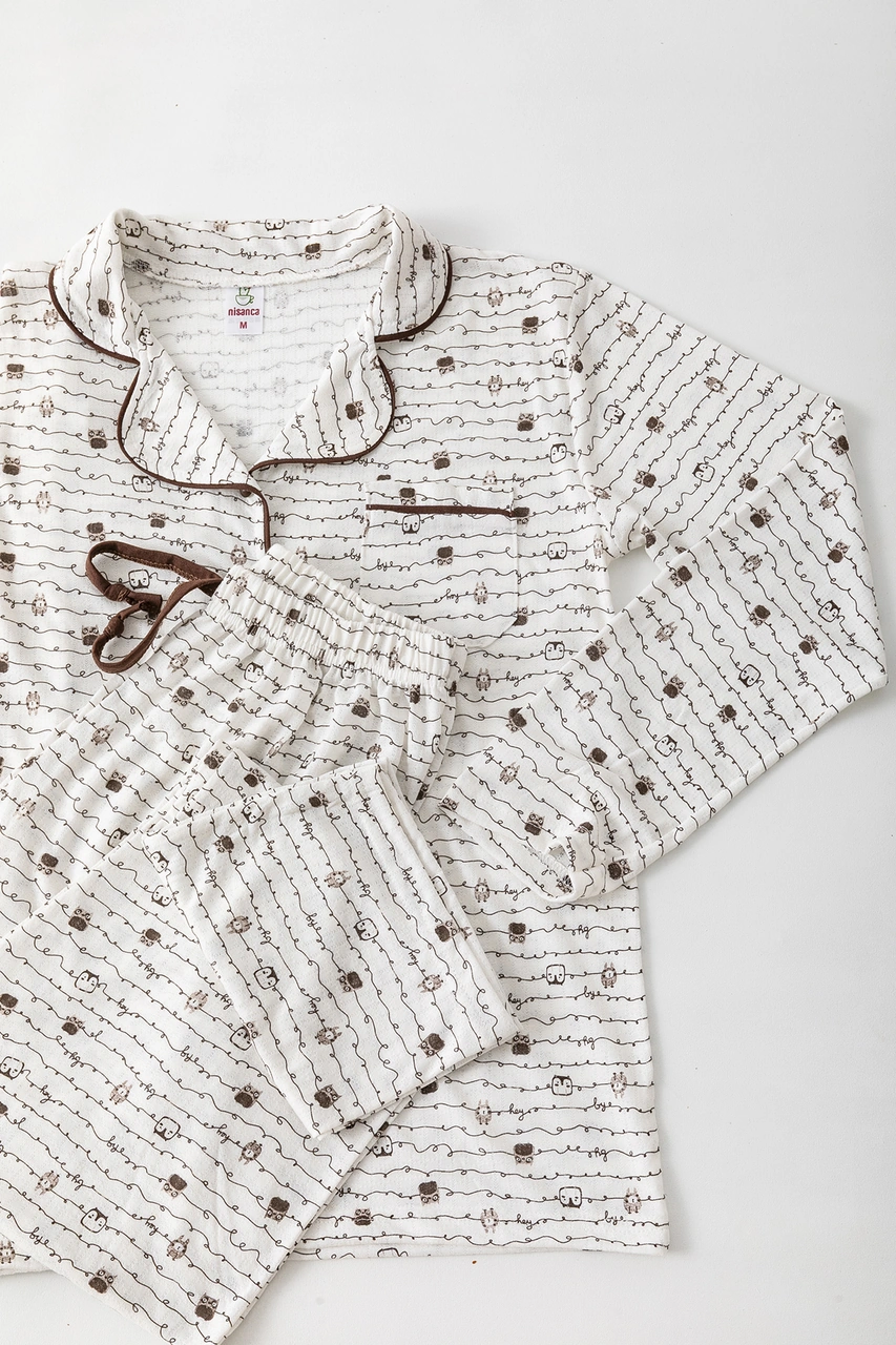 Nisanca Uzun Kol Gömlek Yaka Kadın Büyük Beden Pinterest Pijama Takımı - Mevsimlik Kadın Pijama Kahve