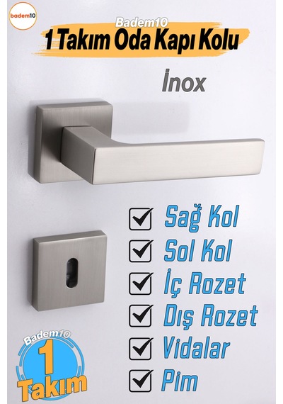 Paytak İnox Oda Kapı Kolu Kare Rozetli Sağa Sola Uygun İç Dış Ev Oda Kapısı Kilitlenebilir 1 Takım