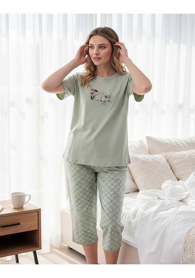 Mihra Kadın %100 Pamuk Bisiklet Yaka Kısa Kol Kapri Pijama Takımı 90787y - 1 Adet Yeşil