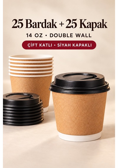 Double Wall Kapaklı Karton Bardak 14 Oz 25 Adet Çift Katmanlı Büyük Boy Sıcak İçecek Bardak Renkli