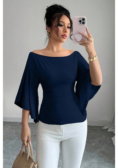 Kadın Lacivert Kayık Yaka Flare Kol Drapeli Fit Bluz Lacivert