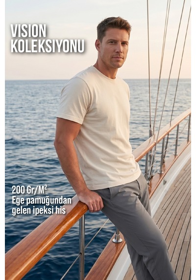 Goffra Erkek Vision Premium Kalite Yoğun Dokulu Pamuklu T-shirt Ekru M101-r0220-09