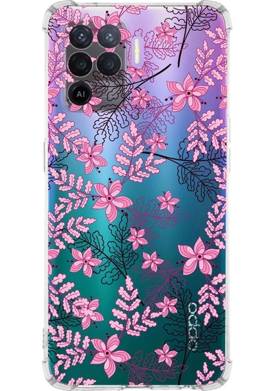 Oppo A94 Uyumlu Köşe Korumalı Floral Pembe Tasarımlı Şeffaf Silikon Kılıf