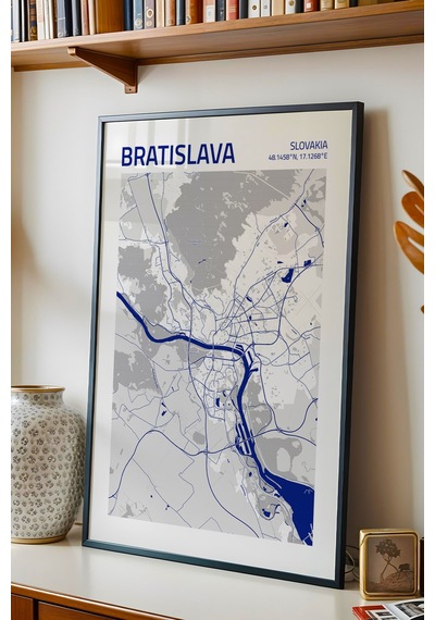 Bratislava Slovakya Haritası Çerçeveli Tablo Lüks Salon Ofis Duvar Dekorasyonu Hediyelik Tablo