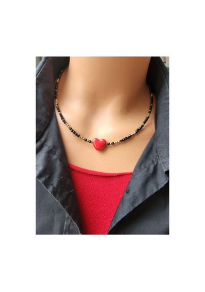 Spinel Ve Hematit Taşı Kalp Kolye Siyah - Sarı