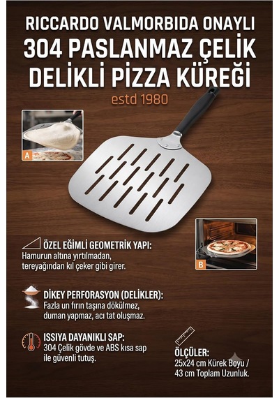 Delikli Pizza Küreği 18/10 Çelik 25x24 Cm Kısa Saplı Ev Tipi Taş Fırın Pizza Pateli 723461 Diğer