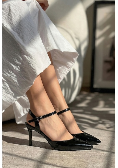 Giamgia Store Siyah Rugan Sivri Burun Bilek Kayışlı İnce Topuklu Kadın Ayakkabı-2331