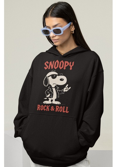 Sevbano Snoopy Rock And Roll Baskılı Unisex Oversize Çizgi Film Karakter Siyah