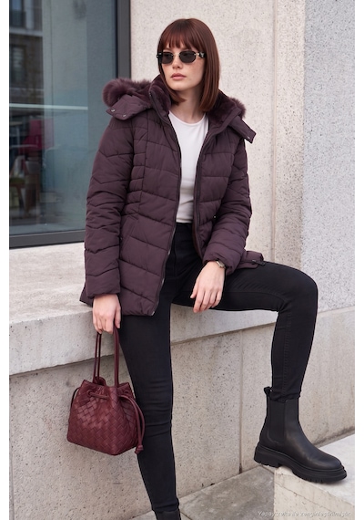 Lela Kapitoneli Slim Fit Çıkarılabilir Kapüşonlu Mont Kadın Mont 497mara Mürdüm