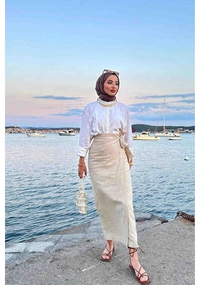 Unika Boutique Fiyonk Bağlamalı İçi Astarlı Keten Etek - Taş Rengi Bos