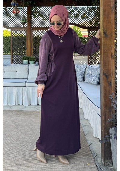 Rabia Şamlı Aslı Cupra Detaylı Triko Elbise Mürdüm Normal