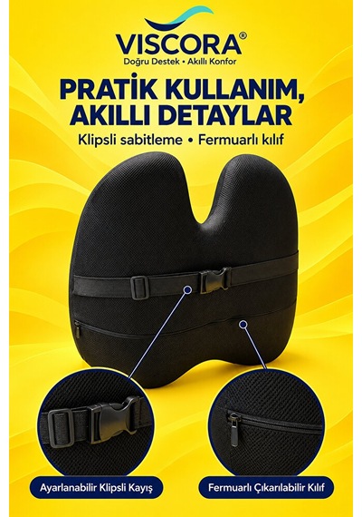 Araba Sırt Minderi Ofis Koltuğu Ve Ev İçin Visco Kelebek Klipsli Bel Destek Yastığı Siyah