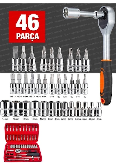 58 Parça 46mini Lokma Takımı Otomatik Cırcırlı 1/4" 12 Parça Kombine Açık Ağız-yıldız Anahtar Takım