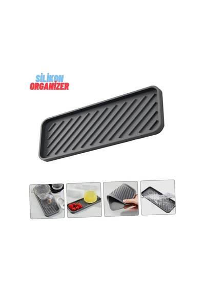 3 Adet Gri Silikon Yağdanlık Standı 23x10 Cm Çok Amaçlı Organizer Sunumluk Sabunluk Altlığı Seti Gri Diğer