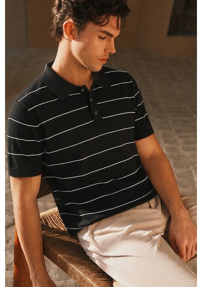Tarz Cool Erkek Old Money Çizgili Polo Yaka Triko Tişört Slim Fit Siyah