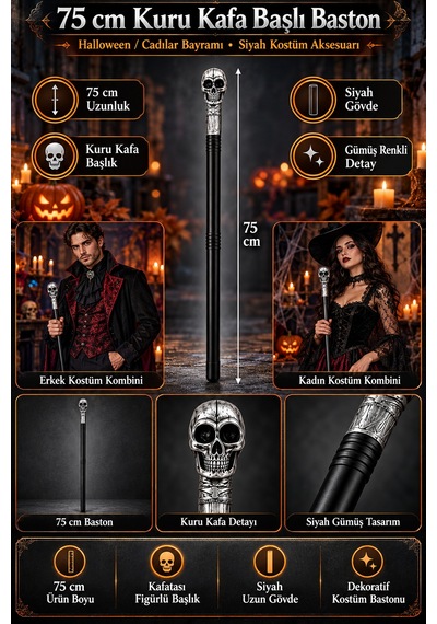 Halloween Cadılar Bayramı 75 Cm Kuru Kafa İskelet Başlı Siyah Kostüm Bastonu Parti Aksesuarı