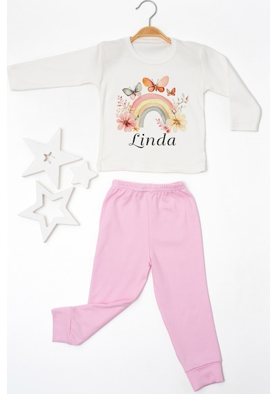 Pia Baby İsme Özel Kız Çocuk 2 Adet Pijama Takımı %100 Pamuk Penye İsim Baskılı Kişiye Özel Kreş Pijaması Hediye Seti 10798p15pi Krem
