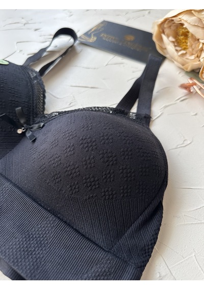 Celine C Cup Bambu Hisli Ultra Rahat Polamid Kumaştan Dokulu Dant Siyah