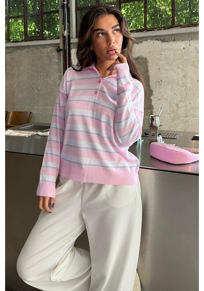 Madmext Pembe Çizgili Polo Yaka Düğmeli Kadın Kazak Mg2561 Pembe