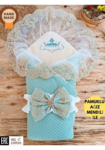Mint Triko Örgü Bebek Kundağı - Pamuklu & Dantelli Yenidoğan Bebek Battaniyesi Mint