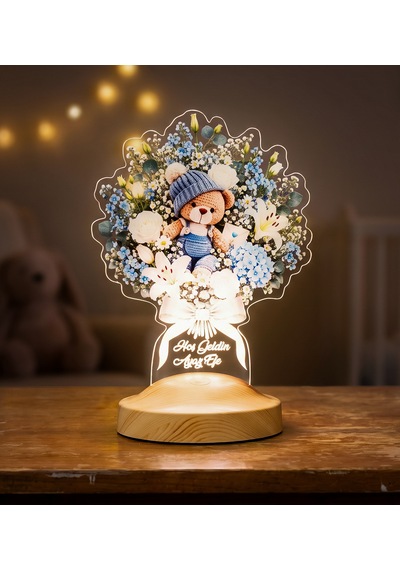 Yeni Doğan Erkek Bebek Hediyesi Mavi Ayıcıklı Işıklı Çiçek Buketi Led Lamba - Kişiye Özel Hoş Geldin Bebek Hediyesi Mavi Ayıcıklı Çiçek