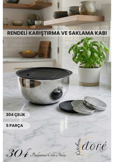 Rendeli Karıştırma Çırpma Ve Saklama Kabı 5 Parça Derin Yapılı Hamur Yoğurmaya Uygun Gümüş