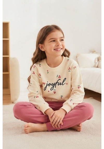Pina Kids Kız Çocuk Kirazlı Desenli Okul Günlük Eşofman Takımı Esf7034 Pembe