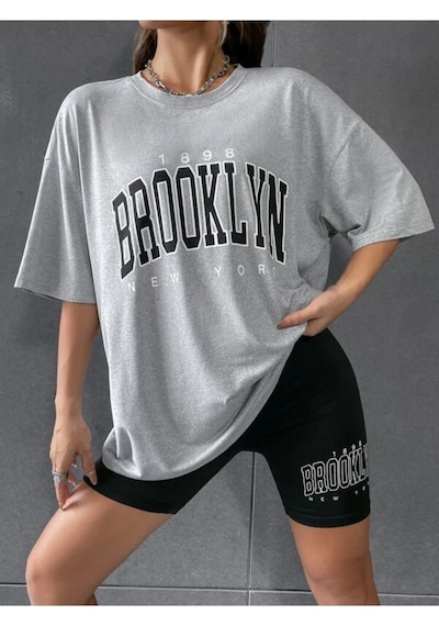 Flood Of Style Kadın Gri Brooklyn Bisiklet Yaka Tshirt