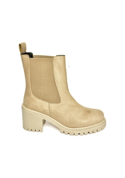 Fox Shoes T726981602 Bej Süet Lastikli Kalın Topuklu Kadın Bot Bej