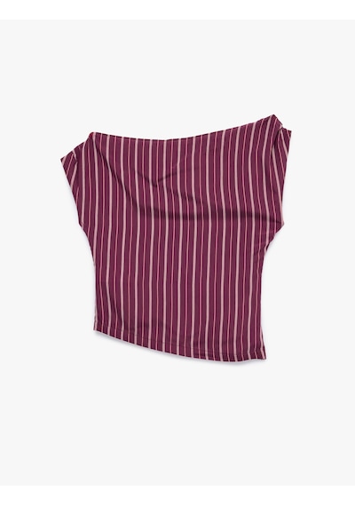 Koton Koton X Melis Ağazat - Viskon Kumaş Düşük Omuz Asimetrik Kesim Çizgili Kolsuz Bluz Bordo Çizgili 6sak30046pw