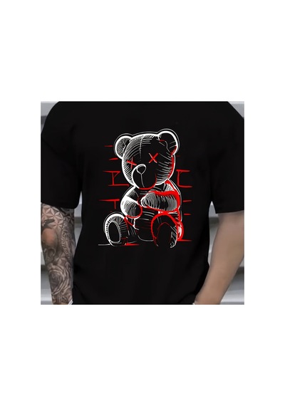 Caddemia Yaz  Moda Rahat Gevşek Şeytan Ayı Desen Baskılı Spor Yuvarlak Boyun Kıs Siyah 2XL