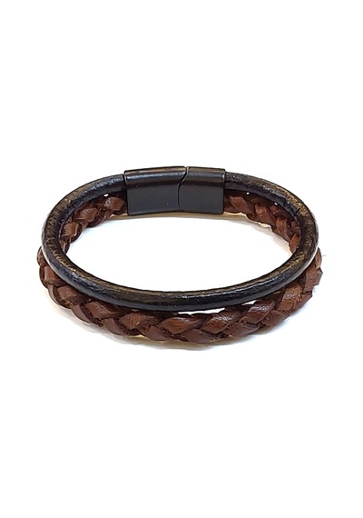Classic Braid Duo Kahverengi Örgü & Siyah Bant Detaylı Erkek Deri Bileklik-1415 Antrasit