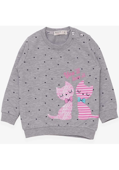 Breeze Kız Bebek Sweatshirt Mutlu Kedicikler 4 Ay-1.5 Yaş, Gri Melanj Gri Melanj