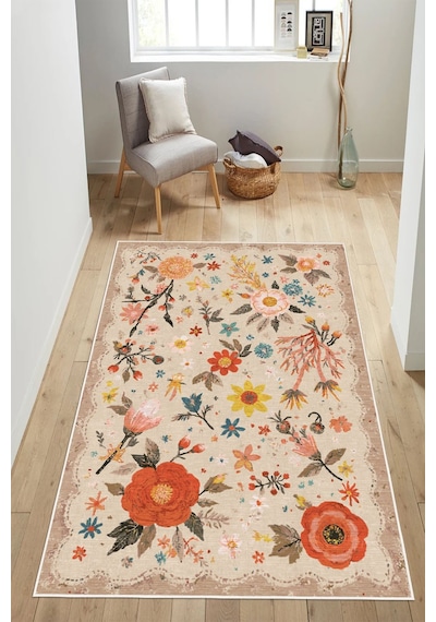 Floral Desen Baskılı Kaymaz Yıkanabilir Salon Oturma Odası Mutfak Antre Halısı Yolluk Bej