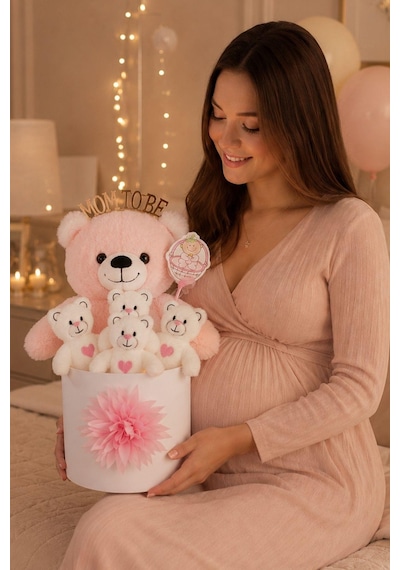 Mom To Be Yazılı Taçlı Peluş Ayıcık Hediye Kutusu Anne Adayına Ve Kız Bebeğe Hediye