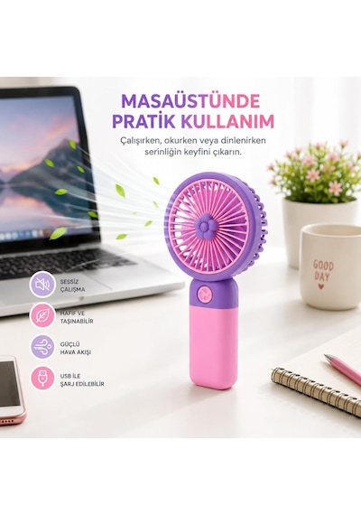 Talky Şarjlı Mini El Fanı Usb Taşınabilir Sessiz Masaüstü Vantilatör 3 Kademe Soğutucu Pervane Multicolor Karı
