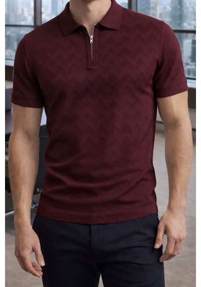 Erkek Slim Fit Fermuarlı Polo Yaka Triko Tişört Beyaz