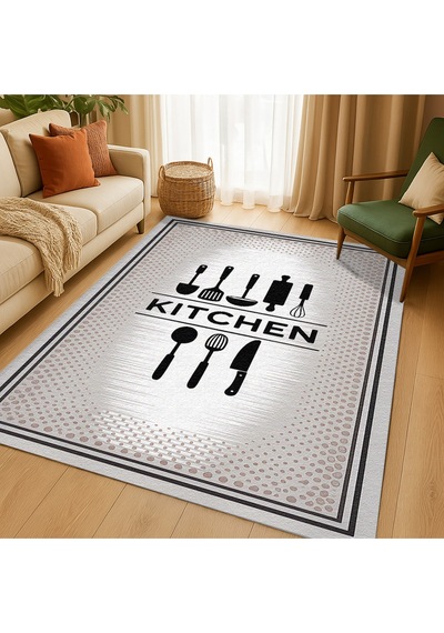 Turkıshrug Kıngdom Gri Kitchen Yazılı Dekoratif Mutfak Halısı Kaymaz Ve Yumuşak Çok Renkli