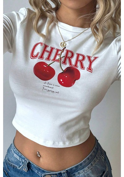 Cool Tarz Kadın Baskılı Crop Tişört - Cherry Desenli, Yazlık Kısa Kollu Bluz Beyaz Beyaz
