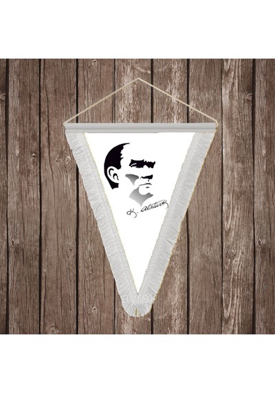 Siyah - Beyaz Mustafa Kemal Atatürk Silüeti Ve İmza Beyaz Saçaklı Üçgen Flama Bayrak Hatıra Flama Ata27 Diğer