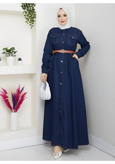 Hb Harma Time Butik Kadın Düğmeli Kemerli Denim Lacivert Kot Elbise