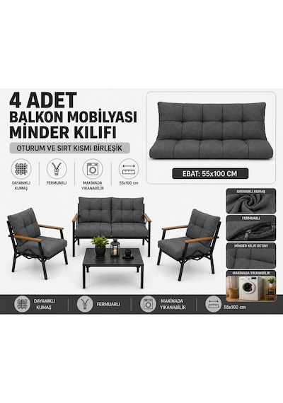 Doruk Home Doruk Bahçe Ve Balkon Mobilyası Minder Kılıfı 55x100cm Antarasit Kılıf Gri