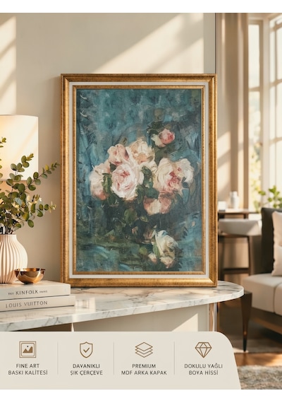 Varaklı Gold Çerçeveli Yağlı Boya Dokulu Salon Tablosu - Turkuaz Mavi Fonda Pembe Güller Klasik Vintage Duvar Tablosu 50x70 Cm / Çerçeveli 60x80 Cm Varaklı Gold Çerçeveli Yağlı Boya Dokulu Salon Tablosu - Turkuaz Mavi Fonda Pembe Güller Klasik Vintage Duvar Tablosu 50x70 Cm / Çerçeveli 60x80 Cm