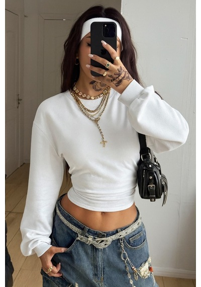 Kadın Bisiklet Yaka Belden Oturtmalı Tasarım Sweatshirt Beyaz